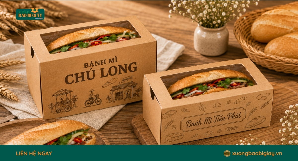 Bao bì giấy kraft đựng bánh mì tiện lợi, phù hợp cho tiệm bánh, cửa hàng take away và mô hình F&B.