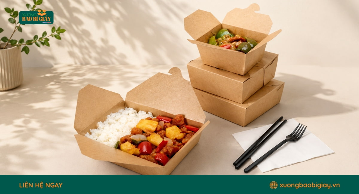 Chất liệu hộp giấy đựng cơm chắc chắn, an toàn và phù hợp cho thực phẩm mang đi
