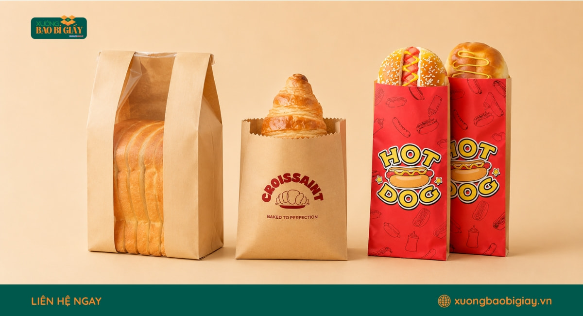 Đa dạng kiểu dáng túi giấy đóng gói bánh mì, hamburger, hotdog và bánh ngọt theo nhu cầu sử dụng