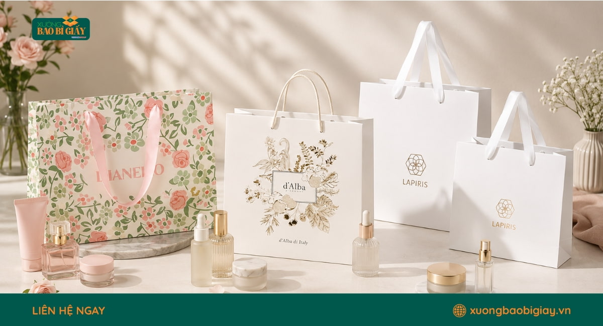 Dịch vụ in túi giấy đựng mỹ phẩm chất lượng cao, phù hợp cho shop, thương hiệu mỹ phẩm và quà tặng
