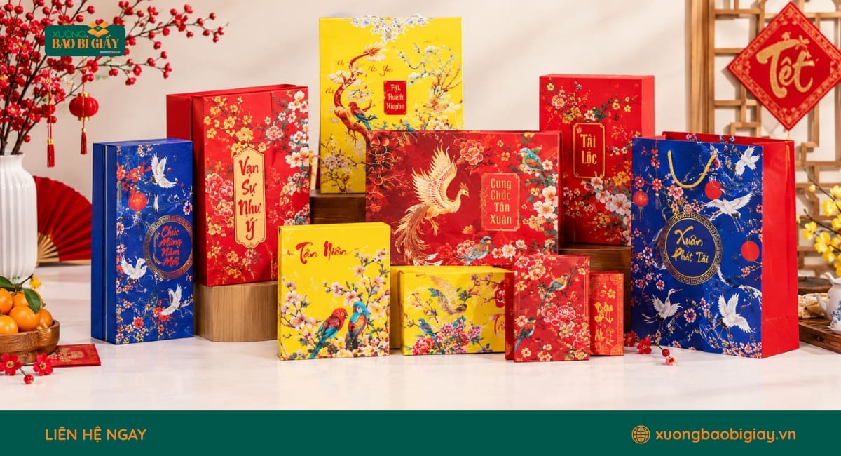 Gia công sau in hộp giấy đựng quà Tết với các kỹ thuật ép kim, phủ UV và cán màng