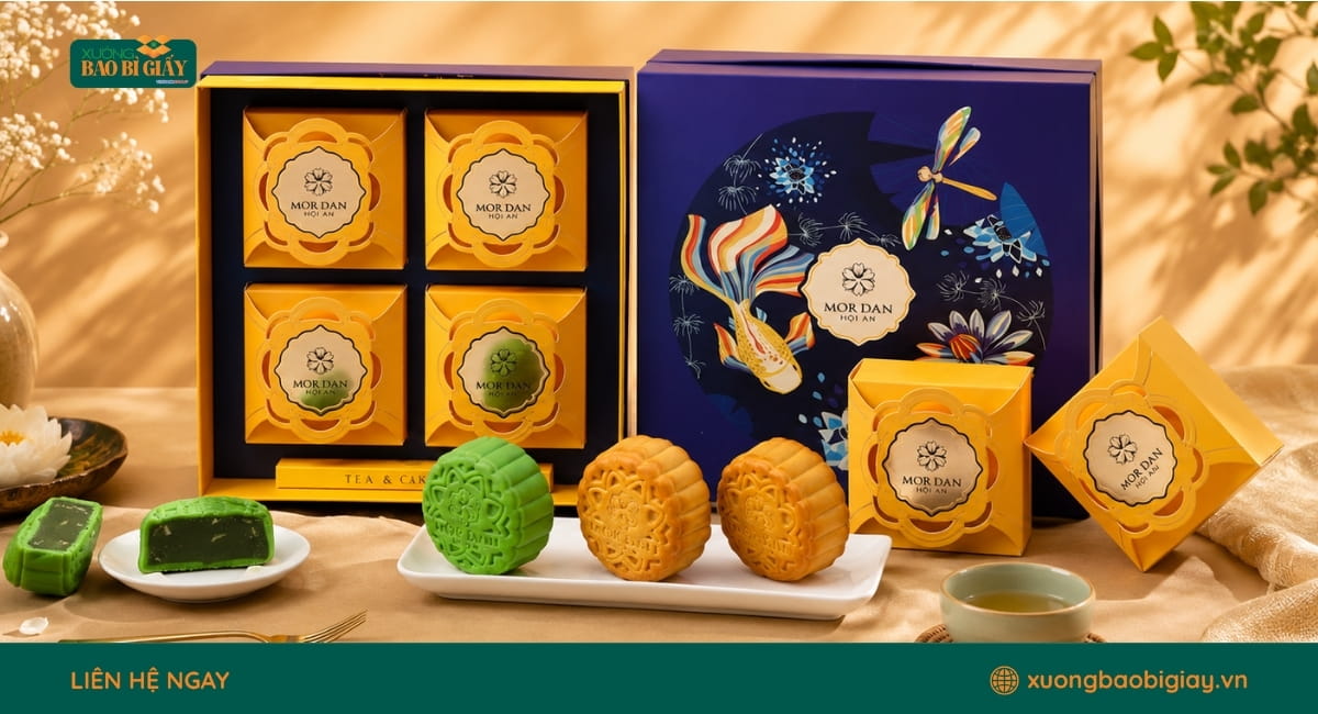 Hộp bánh trung thu chất liệu carton lạnh cứng cáp, phù hợp cho dòng quà tặng cao cấp.