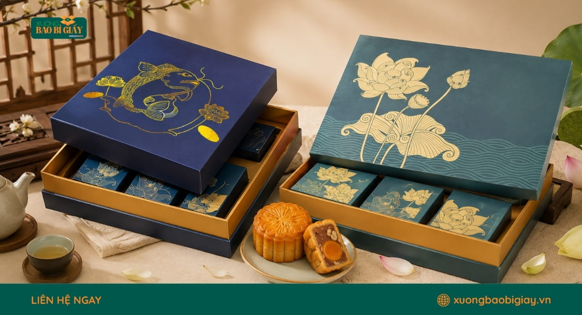 Hộp cứng âm dương đựng bánh trung thu, thiết kế sang trọng và bảo vệ bánh hiệu quả.