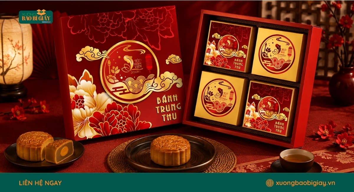 Hộp đựng bánh gia công ép kim logo sang trọng, giúp nâng cao giá trị nhận diện thương hiệu.