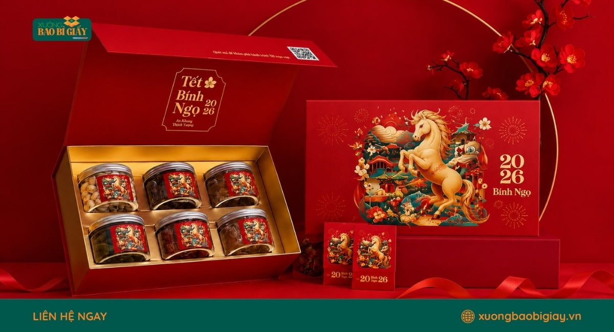 Hộp giấy carton đựng quà Tết chắc chắn, phù hợp đóng gói bánh kẹo, đặc sản và quà biếu.