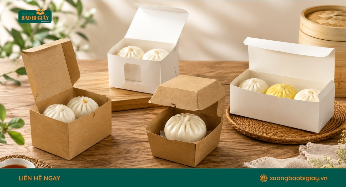 Hộp giấy cứng cáp đựng bánh bao, hỗ trợ giữ nhiệt và bảo vệ bánh khi giao hàng.