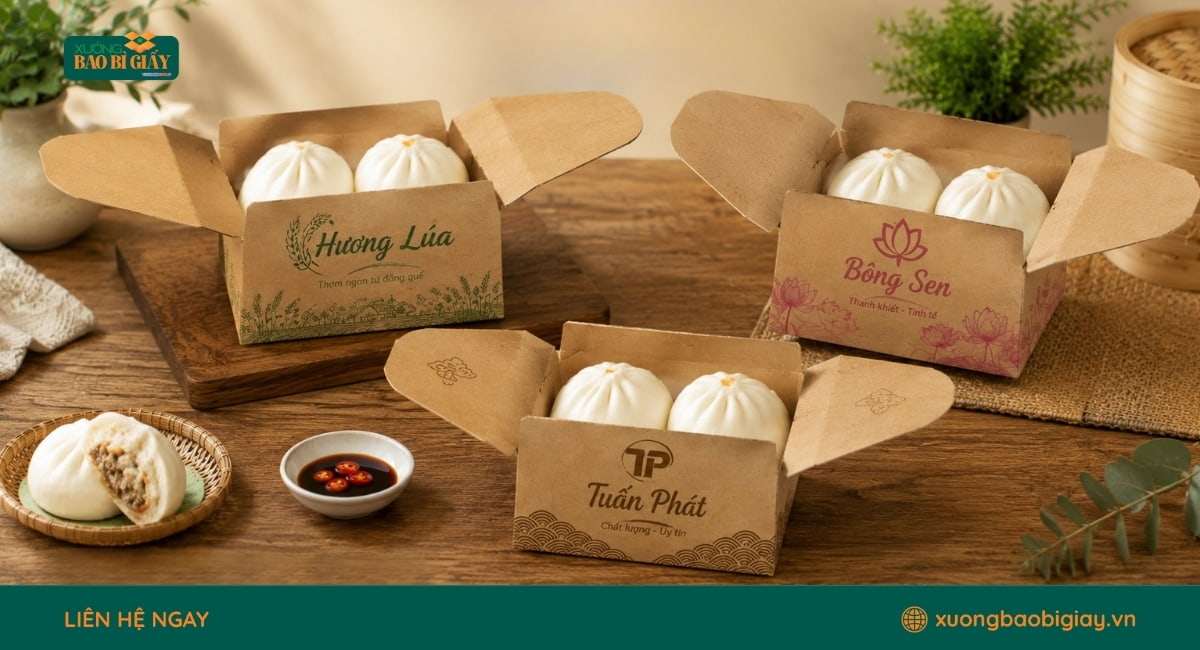 Hộp giấy đựng bánh bao nắp cánh bướm, tiện lợi khi đóng gói và sử dụng tại cửa hàng.