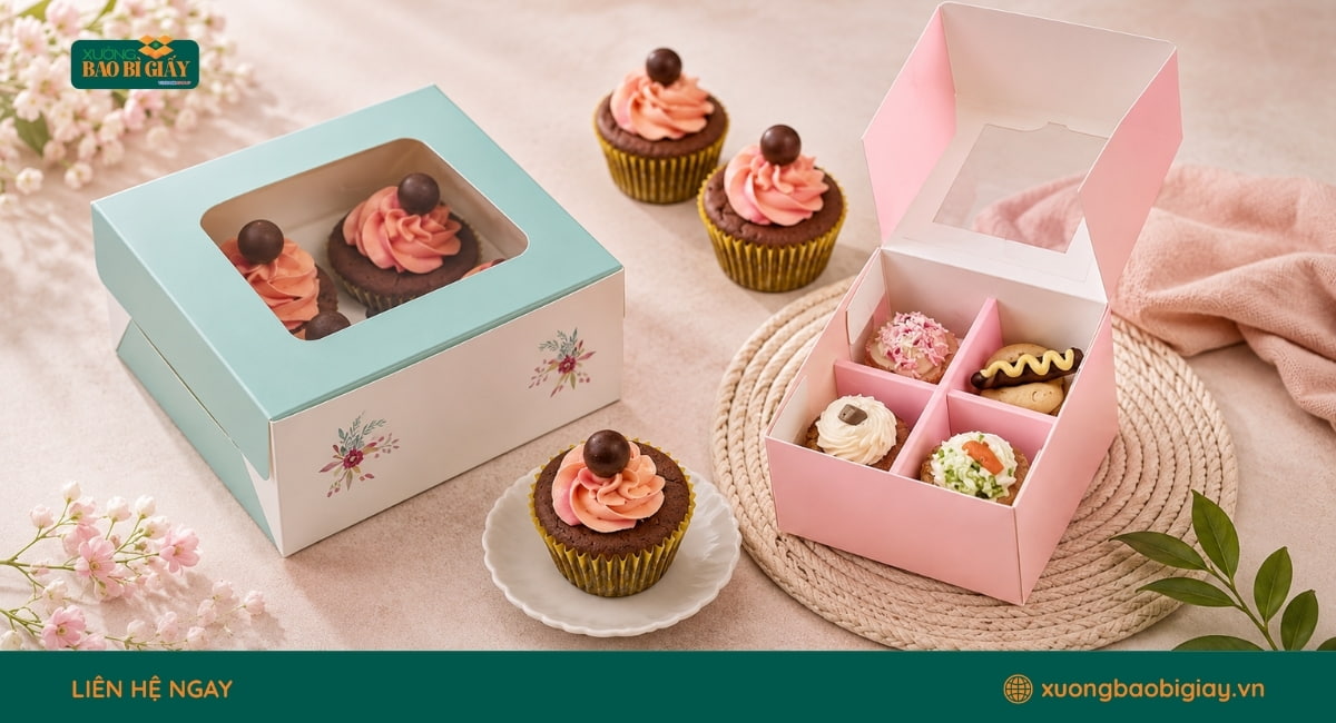 Hộp giấy đựng bánh cupcake giá xưởng, thiết kế đẹp mắt và phù hợp cho tiệm bánh chuyên nghiệp.