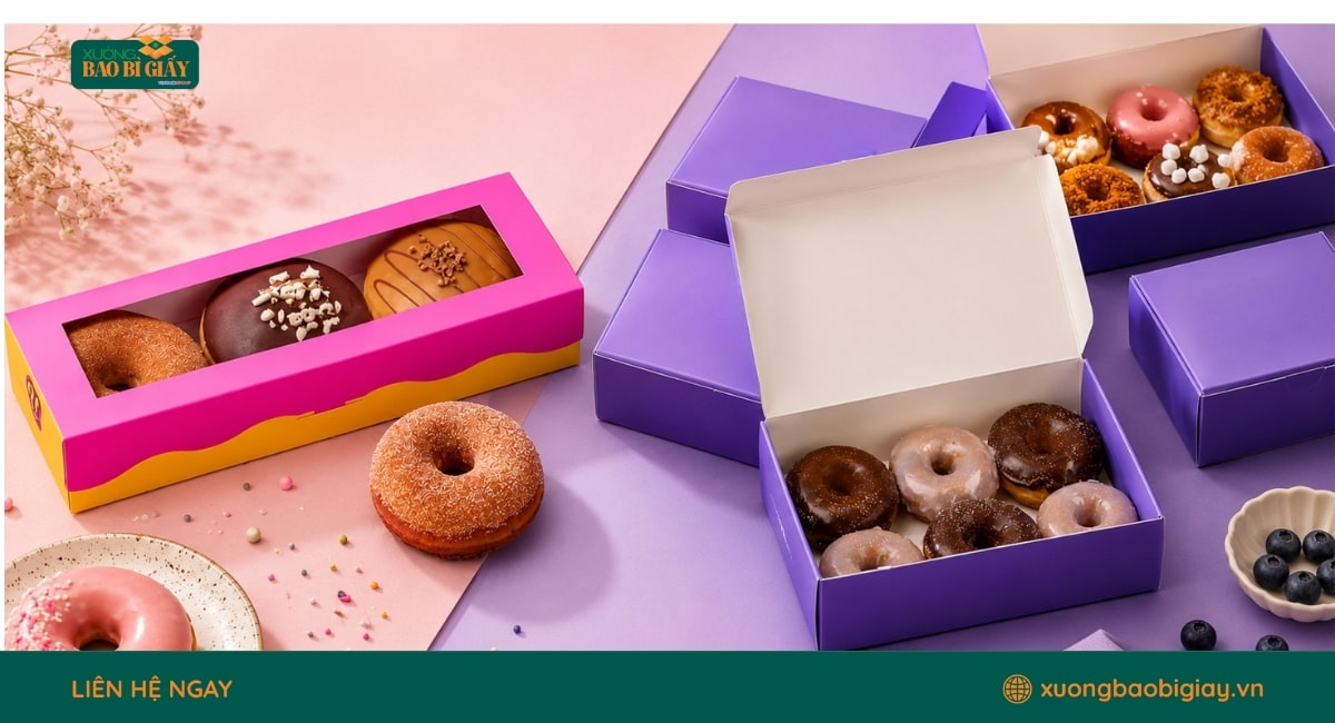 Hộp giấy đựng bánh donut chữ nhật, giúp bảo quản bánh gọn gàng và tăng tính thẩm mỹ khi trưng bày.