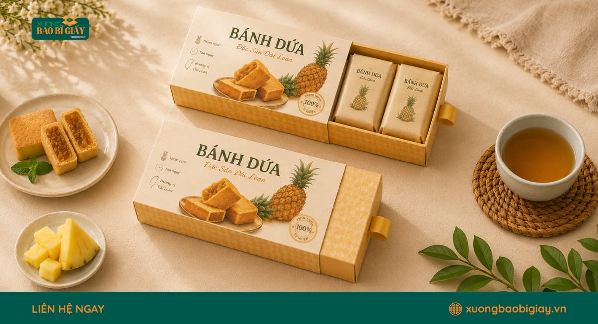 Hộp giấy đựng bánh dứa tai vặn dạng rút, tiện lợi cho đóng gói quà tặng và bán lẻ.