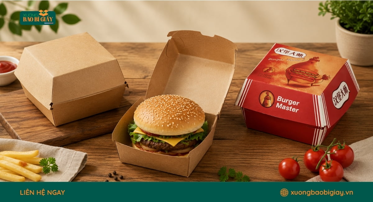 Hộp giấy đựng bánh hamburger khóa hông chắc chắn, phù hợp cho cửa hàng thức ăn nhanh.