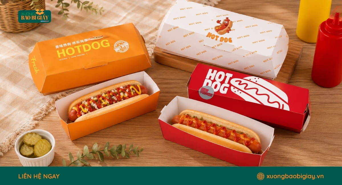 Hộp giấy đựng bánh hotdog chống tràn nước sốt, tiện lợi cho món ăn mang đi.