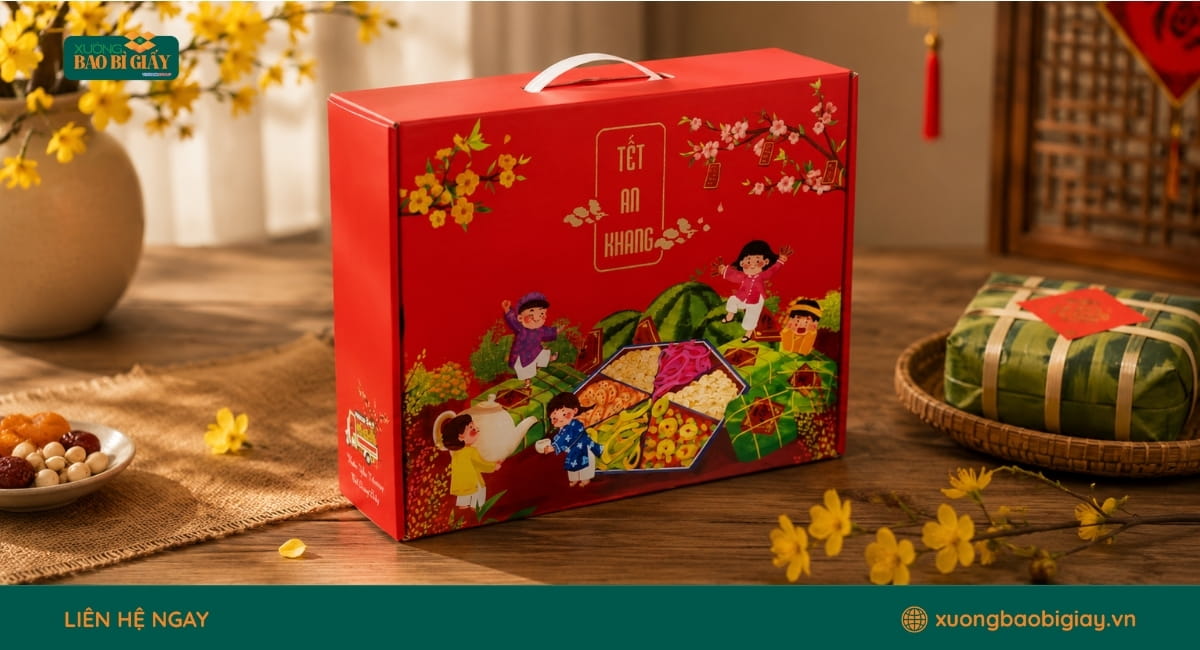 Hộp giấy đựng bánh kẹo Tết màu đỏ nổi bật, phù hợp làm bao bì quà biếu dịp cuối năm.