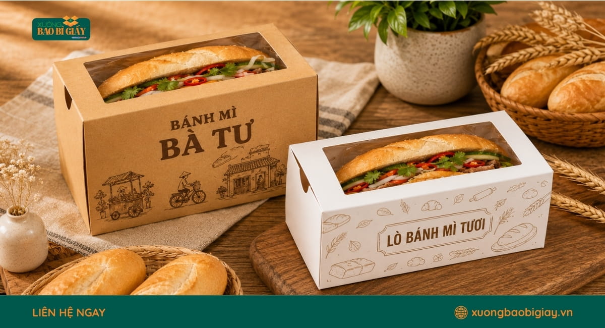Hộp giấy đựng bánh mì truyền thống, giải pháp bao bì gọn nhẹ cho tiệm bánh và quầy bán mang đi.