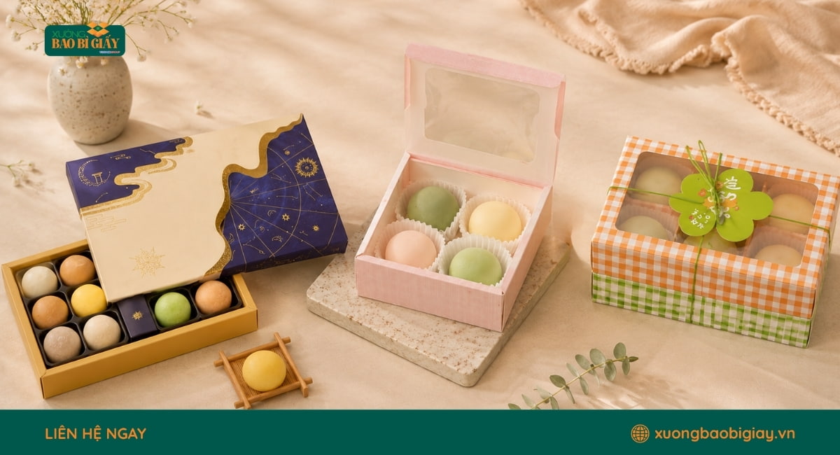 Hộp giấy đựng bánh mochi thiết kế đơn giản, tinh tế và phù hợp với sản phẩm bánh cao cấp.