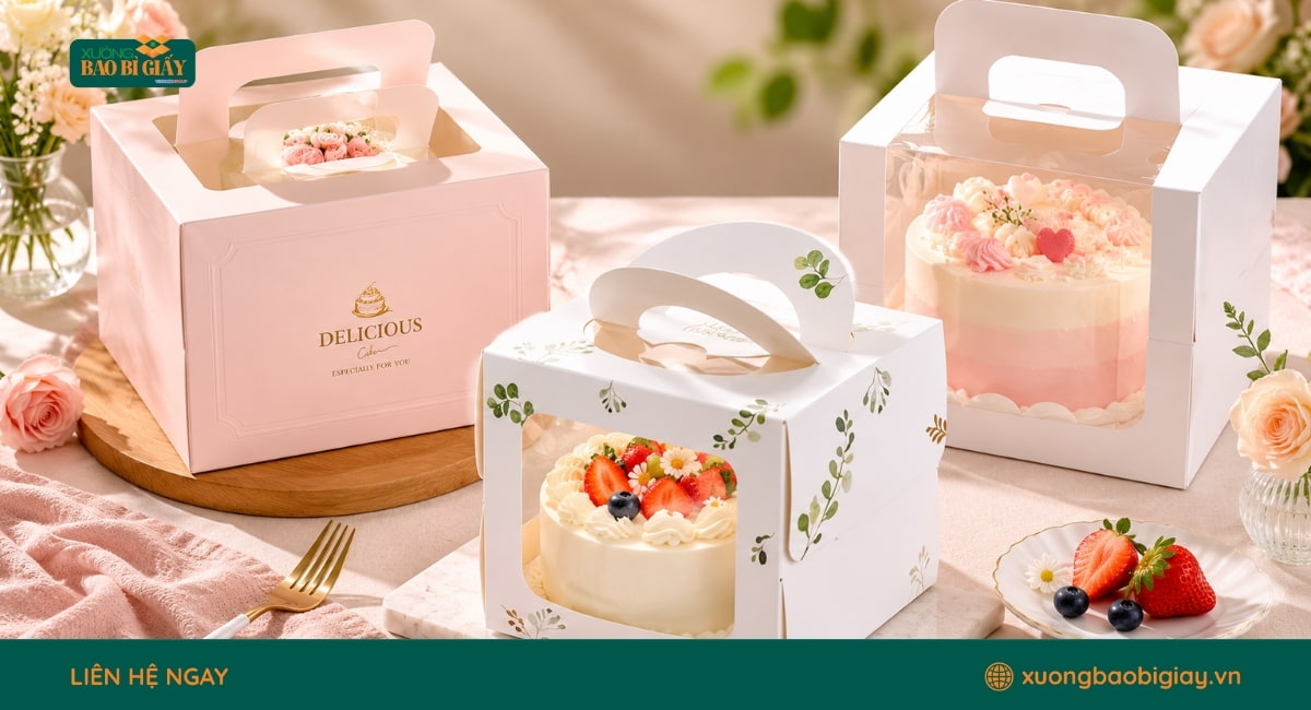 Hộp giấy đựng bánh sinh nhật có quai xách, tiện lợi khi vận chuyển và trao tặng.
