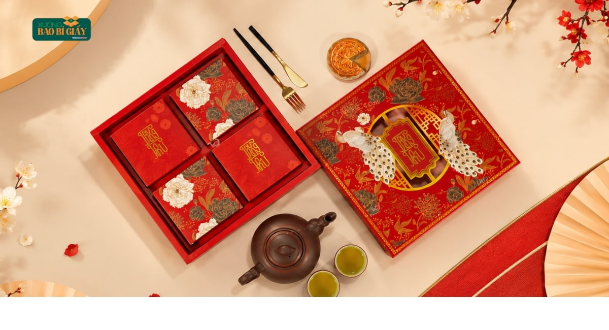 Hộp giấy đựng bánh trung thu thiết kế đẹp, phù hợp đóng gói quà tặng mùa lễ hội.