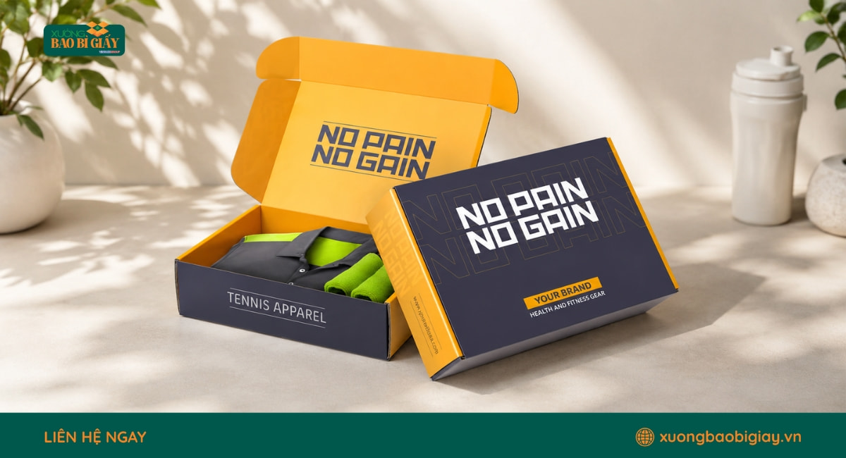 Hộp giấy đựng quần áo in logo theo bộ nhận diện, giúp tăng độ ghi nhớ thương hiệu