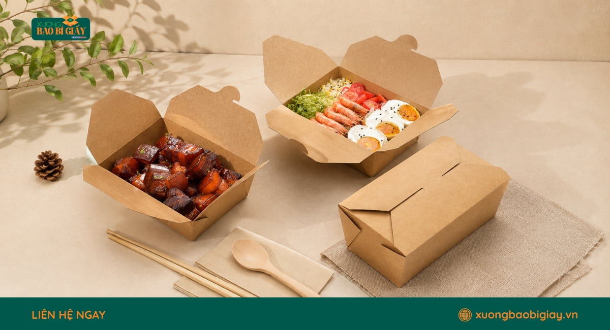 Hộp giấy đựng thức ăn bền đẹp, giúp bảo vệ món ăn và tạo hình ảnh chuyên nghiệp khi giao đến khách hàng.