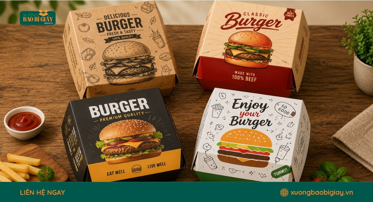 Hộp giấy Unipet đựng bánh hamburger, an toàn thực phẩm và phù hợp cho ngành F&B.