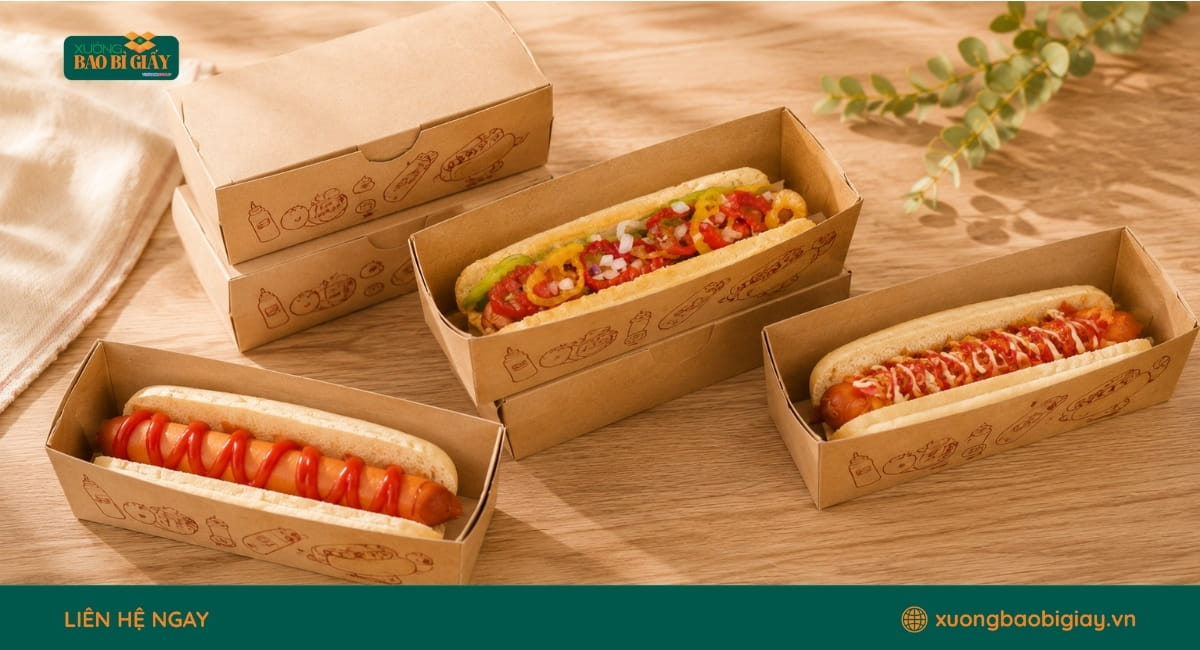 Hộp giấy kraft đựng bánh hotdog tiện lợi, dễ sử dụng cho cửa hàng đồ ăn nhanh và take away.