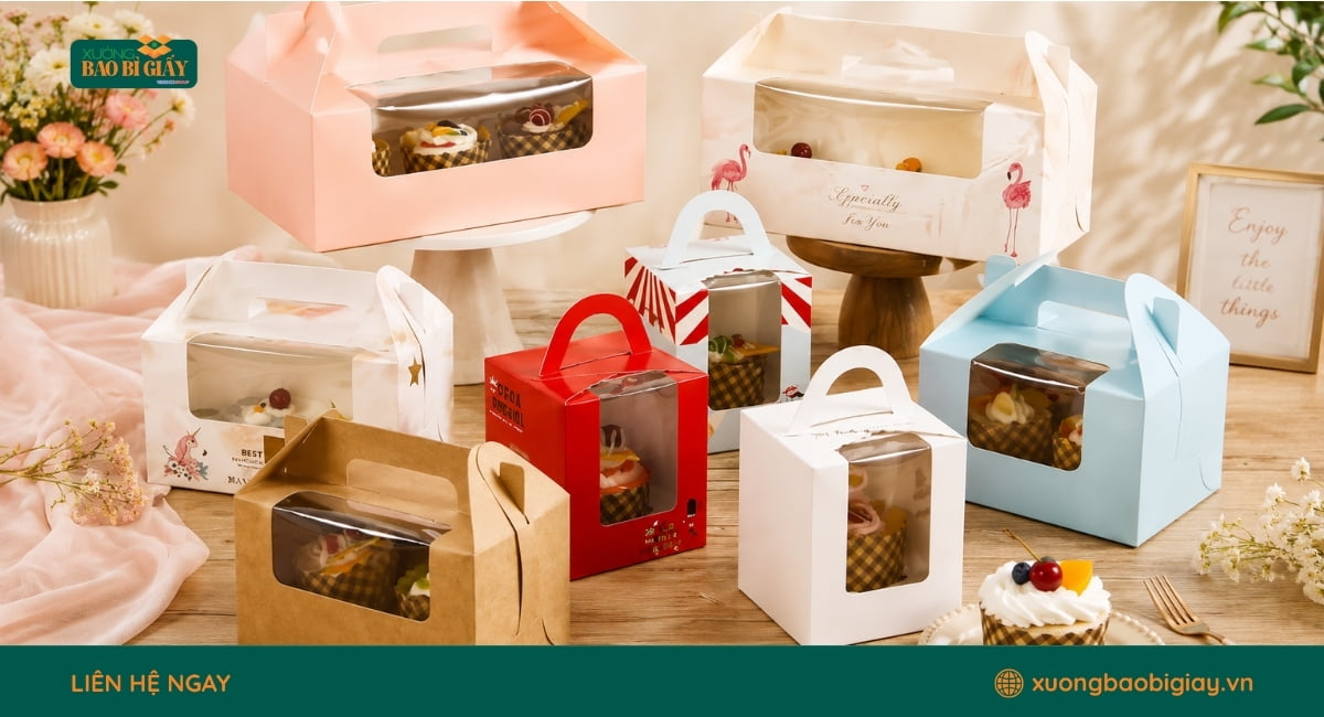 Hộp giấy mềm đựng các loại bánh ngọt, phù hợp cho tiệm bánh cần bao bì nhẹ và tiết kiệm.