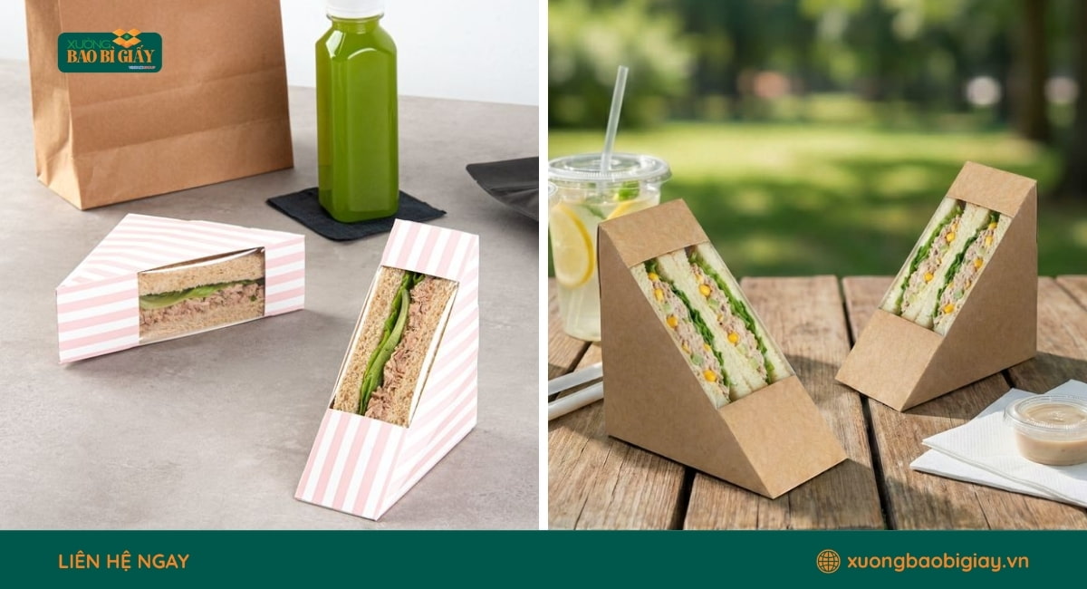 Hộp giấy sandwich hình tam giác, thiết kế tiện lợi cho cửa hàng tiện lợi và quán cà phê.