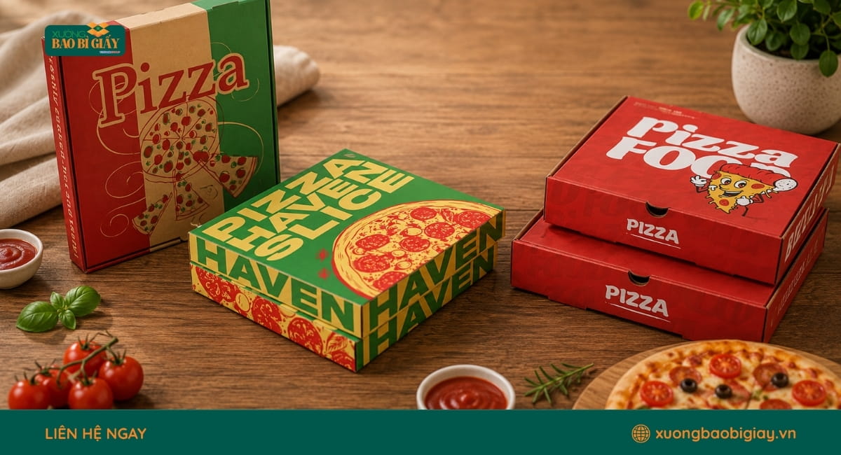 Hộp pizza carton sóng E vuông vắn, chắc chắn và phù hợp cho giao hàng đường dài.