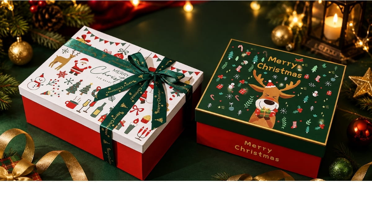 Hộp quà Noel thiết kế nắp âm dương in hình đẹp mắt, phù hợp cho quà tặng mùa Giáng sinh.