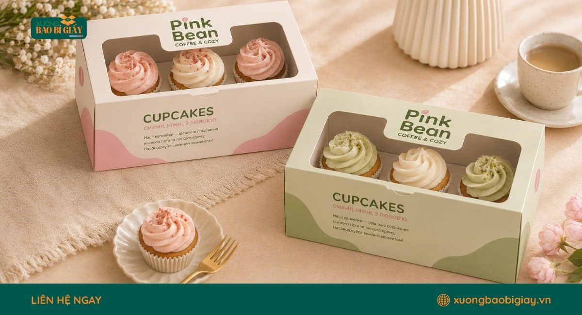 Mẫu hộp giấy cupcake có lỗ khoét sẵn, giúp cố định bánh và giữ form khi di chuyển.