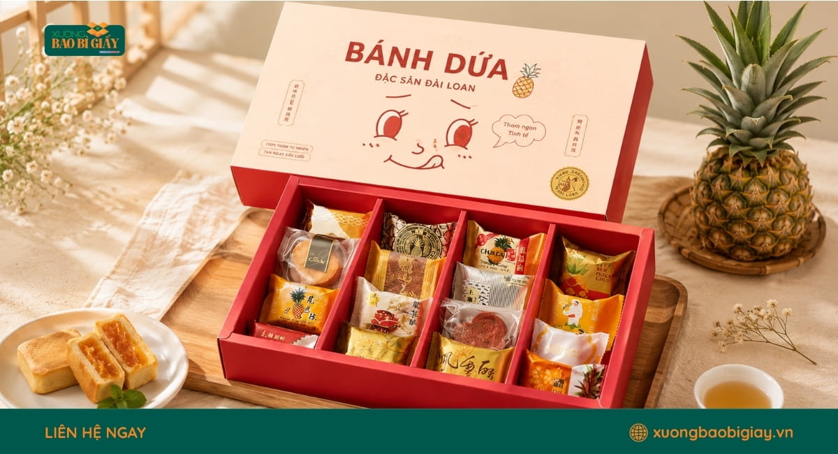 Mẫu hộp giấy đựng bánh dứa nhiều ngăn, phù hợp đóng gói quà tặng chỉn chu và sang trọng.