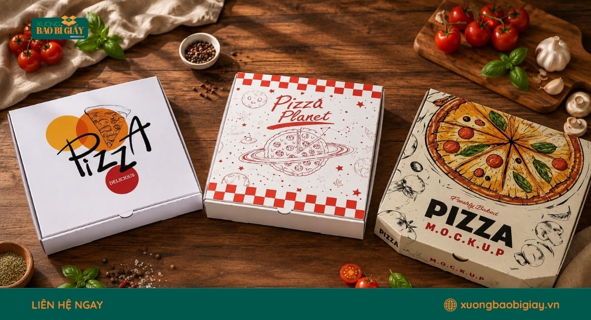 Mẫu hộp giấy đựng pizza giá xưởng, giải pháp bao bì tiết kiệm cho nhà hàng và chuỗi F&B.