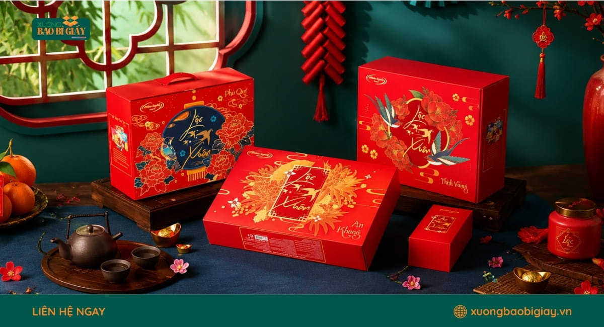 Mẫu hộp giấy đựng quà Tết đẹp, phù hợp đóng gói quà biếu sang trọng dịp cuối năm.