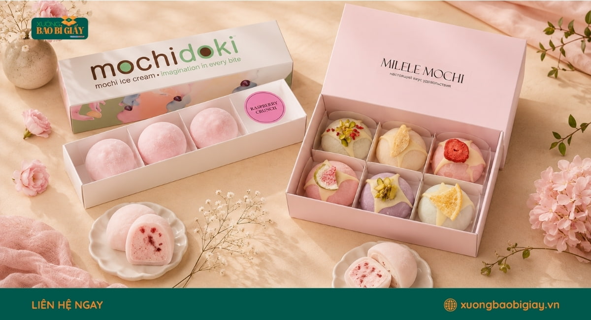 Mẫu hộp mochi thiết kế độc đáo, sáng tạo, giúp sản phẩm nổi bật khi trưng bày và làm quà tặng.