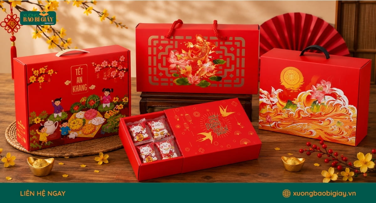Mẫu hộp quà Tết đựng bánh kẹo tinh tế, giúp sản phẩm thêm chỉn chu và nổi bật khi trưng bày.