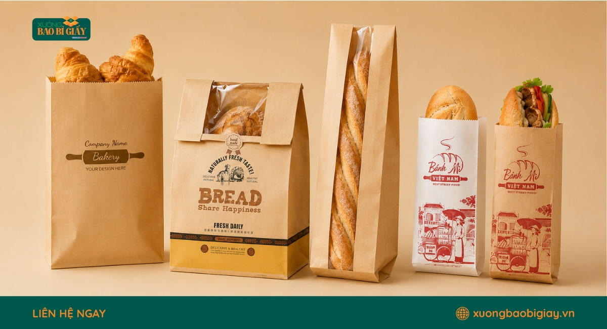 Túi giấy giúp đóng gói bánh mì gọn gàng, thuận tiện mang đi và tăng tính chuyên nghiệp khi bán hàng