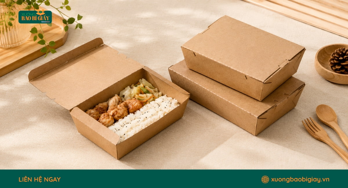 Hộp giấy đựng cơm là giải pháp đóng gói tiện lợi, sạch sẽ và nâng cao hình ảnh thương hiệu