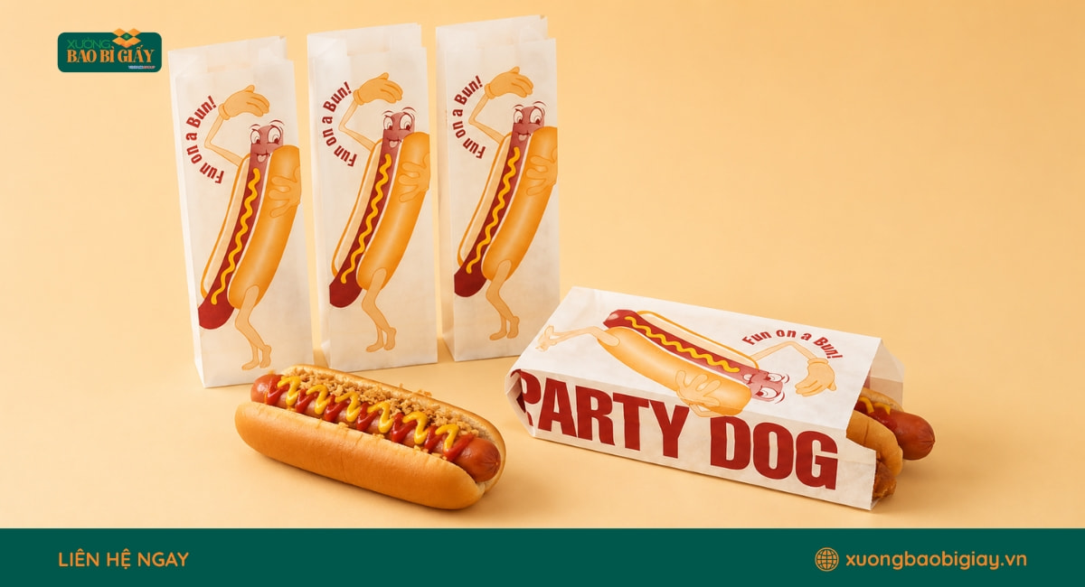Túi giấy đựng hotdog in logo giúp đồng bộ hình ảnh thương hiệu tại điểm bán