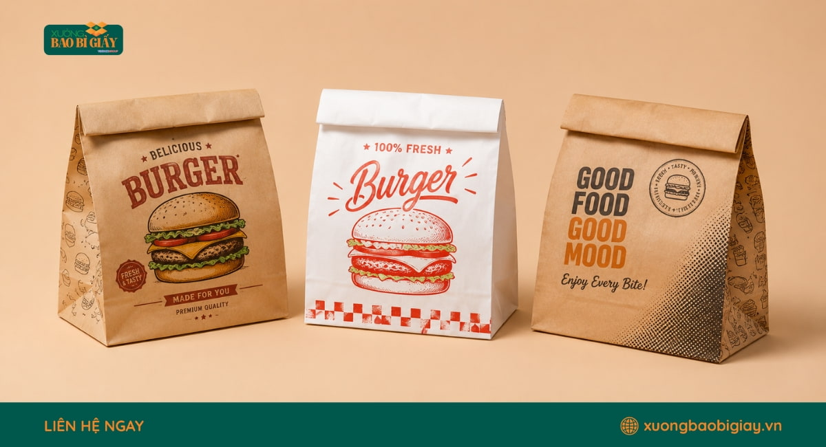 Túi giấy đựng hamburger thiết kế phù hợp với sản phẩm có sốt, hỗ trợ đóng gói sạch và thuận tiện