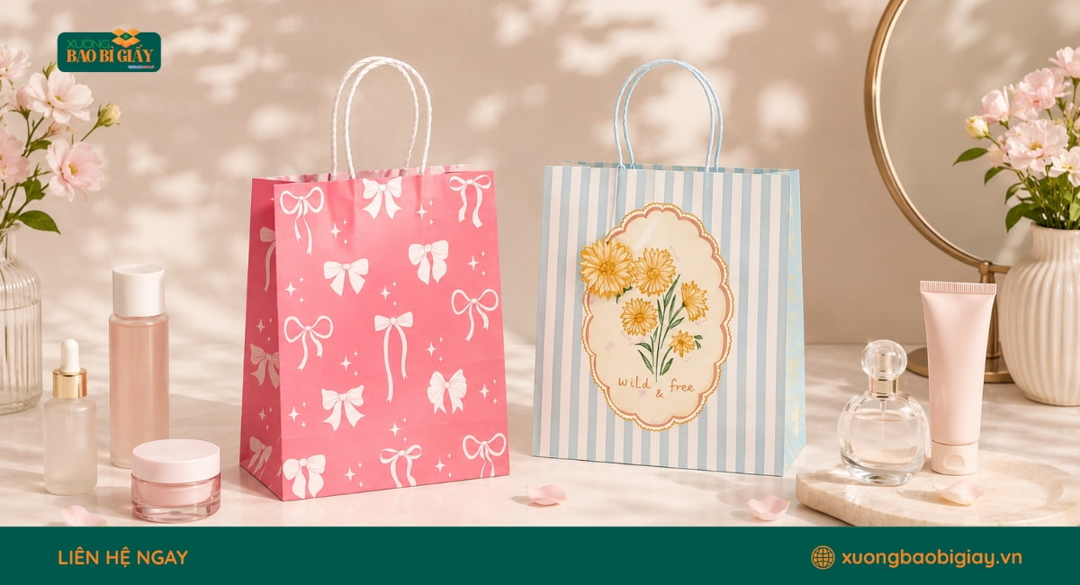 Túi giấy đựng mỹ phẩm cho shop giúp tăng tính chuyên nghiệp khi bán hàng trực tiếp và giao khách