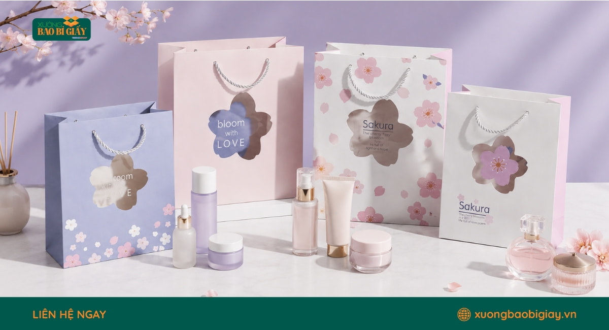 Mẫu túi giấy đựng mỹ phẩm đẹp với kiểu dáng tinh gọn, dễ phối màu và thể hiện hình ảnh thương hiệu