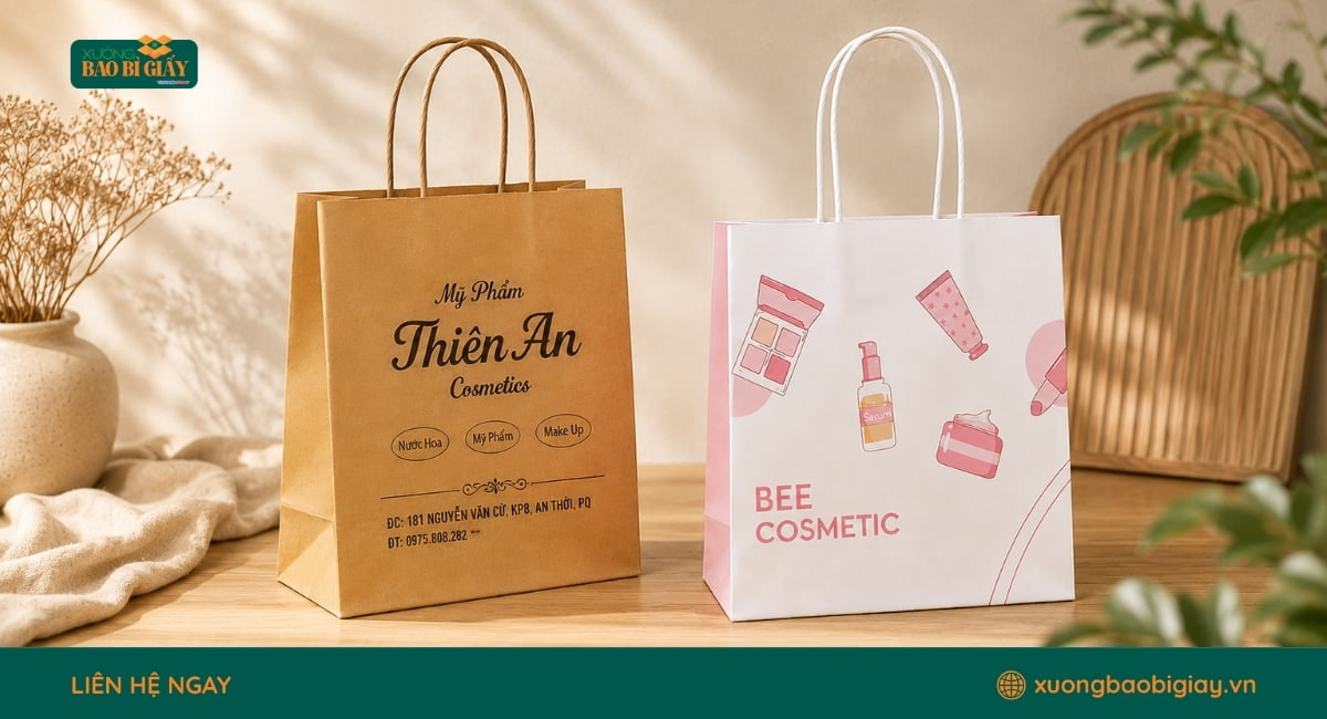 Túi giấy kraft có quai đựng mỹ phẩm, thiết kế chắc chắn và phù hợp với các thương hiệu làm đẹp.