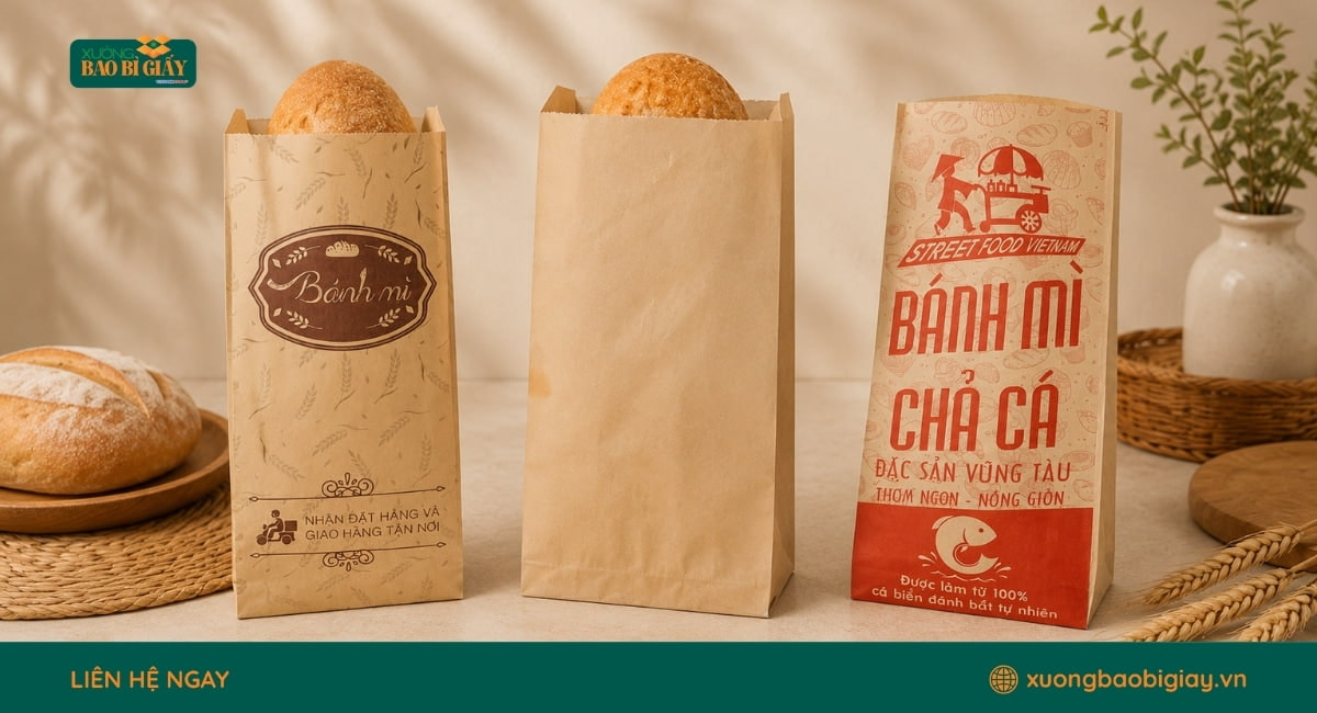 Túi giấy kraft dạng dài dùng đựng bánh mì, tiện lợi cho tiệm bánh và cửa hàng thực phẩm.