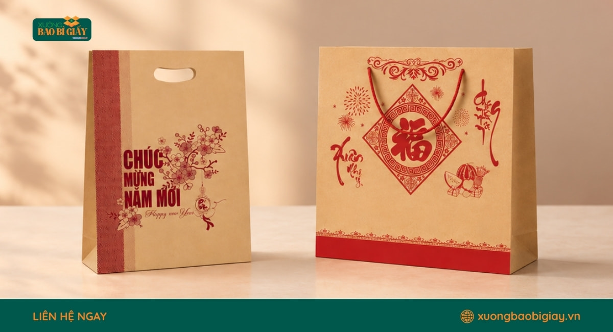 Túi giấy kraft dạng dẹt dùng đựng lịch Tết, tạo cảm giác chỉn chu và chuyên nghiệp khi trao tặng.