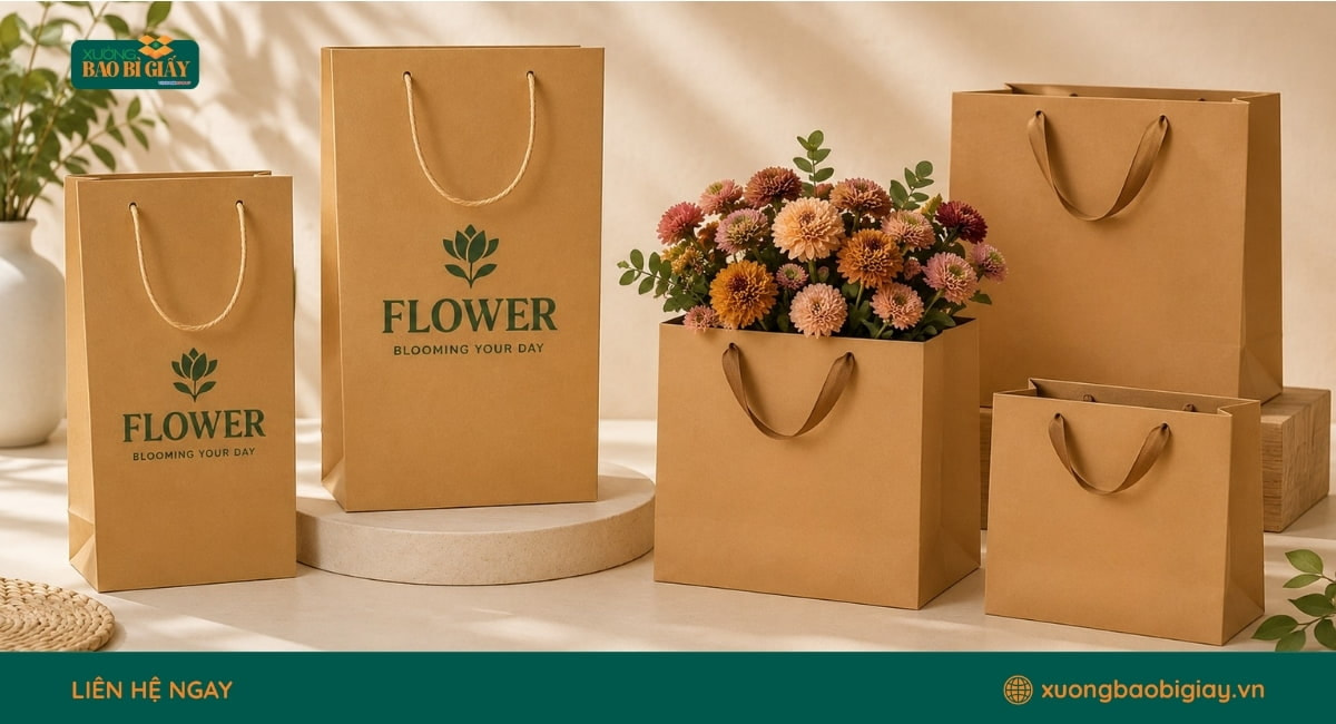 Túi giấy kraft dạng đứng dùng đựng hoa tươi, phù hợp cho shop hoa và quà tặng cao cấp.