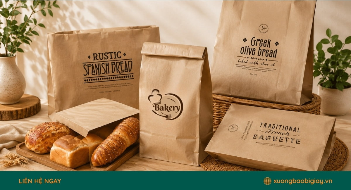 Túi giấy kraft đáy vuông dùng đựng bánh ngọt, giữ form tốt và tăng tính thẩm mỹ cho bao bì.