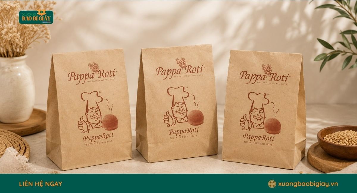 Túi giấy kraft đựng bánh an toàn thực phẩm, phù hợp cho tiệm bánh, quán cà phê và cửa hàng take away.