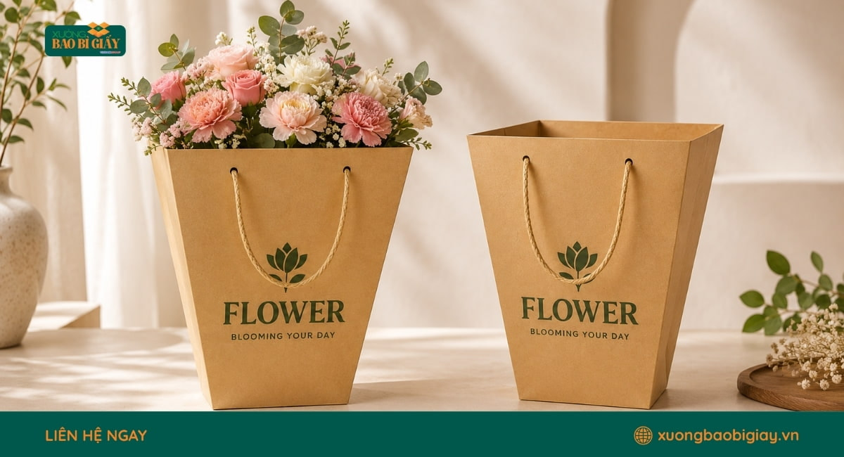 Túi giấy kraft đựng hoa phong cách mộc mạc, tạo điểm nhấn tự nhiên và tinh tế cho sản phẩm.