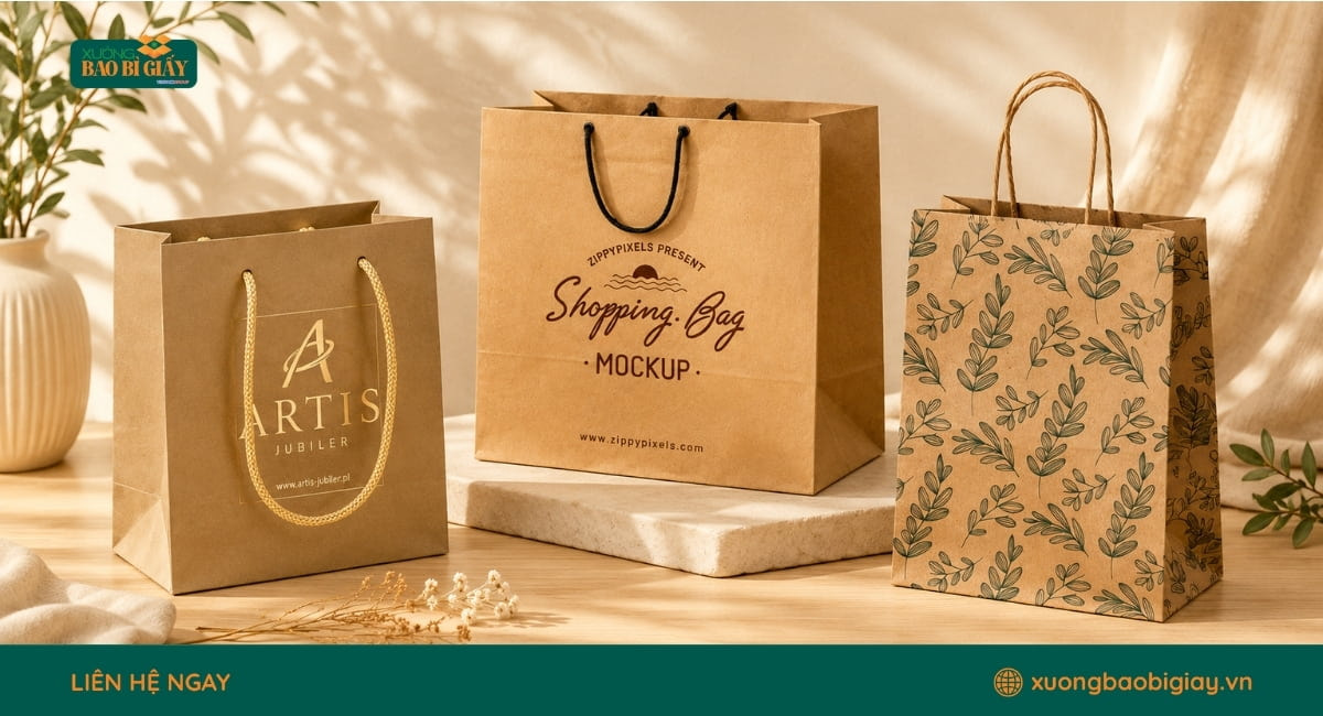 Túi giấy kraft quai xách đựng quần áo, lựa chọn bao bì bền đẹp cho shop thời trang.