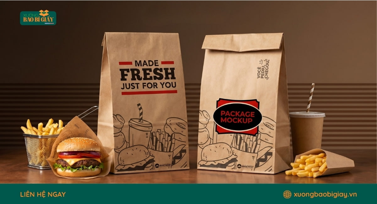 Túi giấy xi măng đựng đồ ăn nhanh, tiện lợi, gọn nhẹ và phù hợp với mô hình take away.